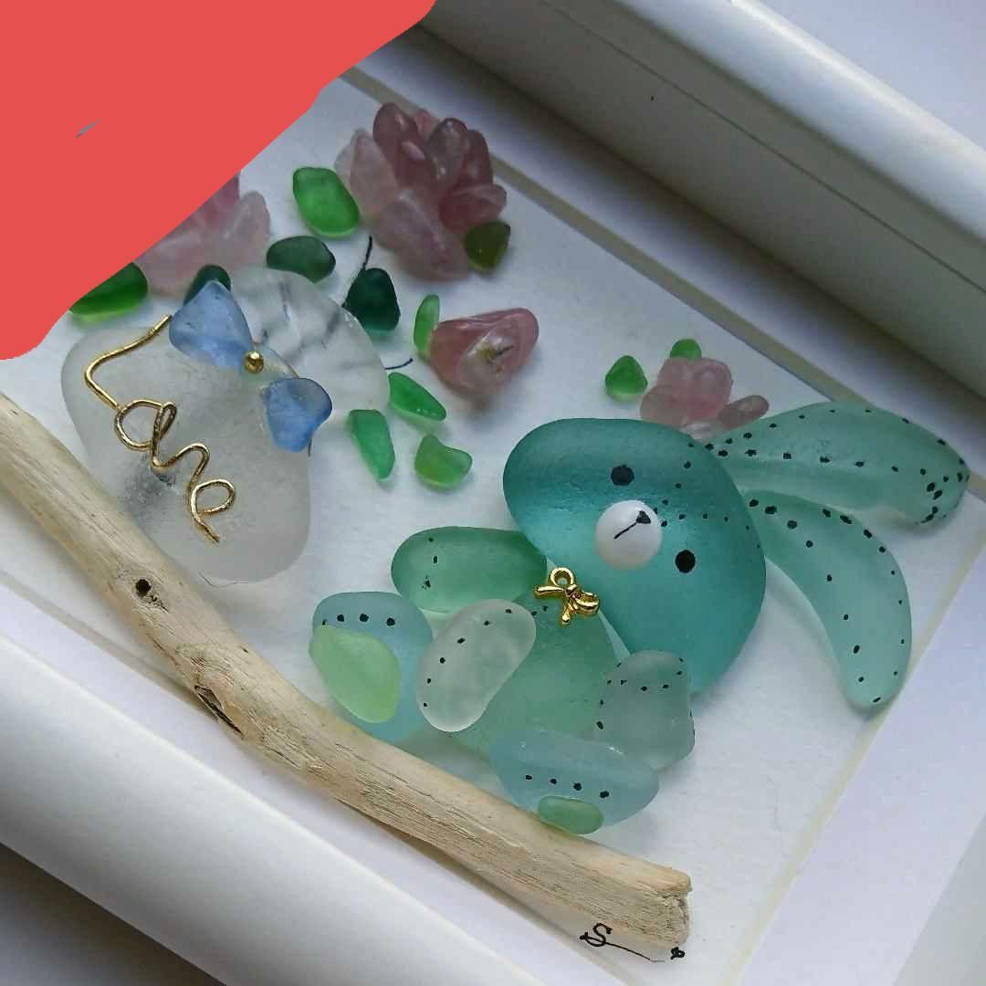 【Nao 思いやりの心で】シーグラスアート<縫いぐるみ&花瓶>レア一点物