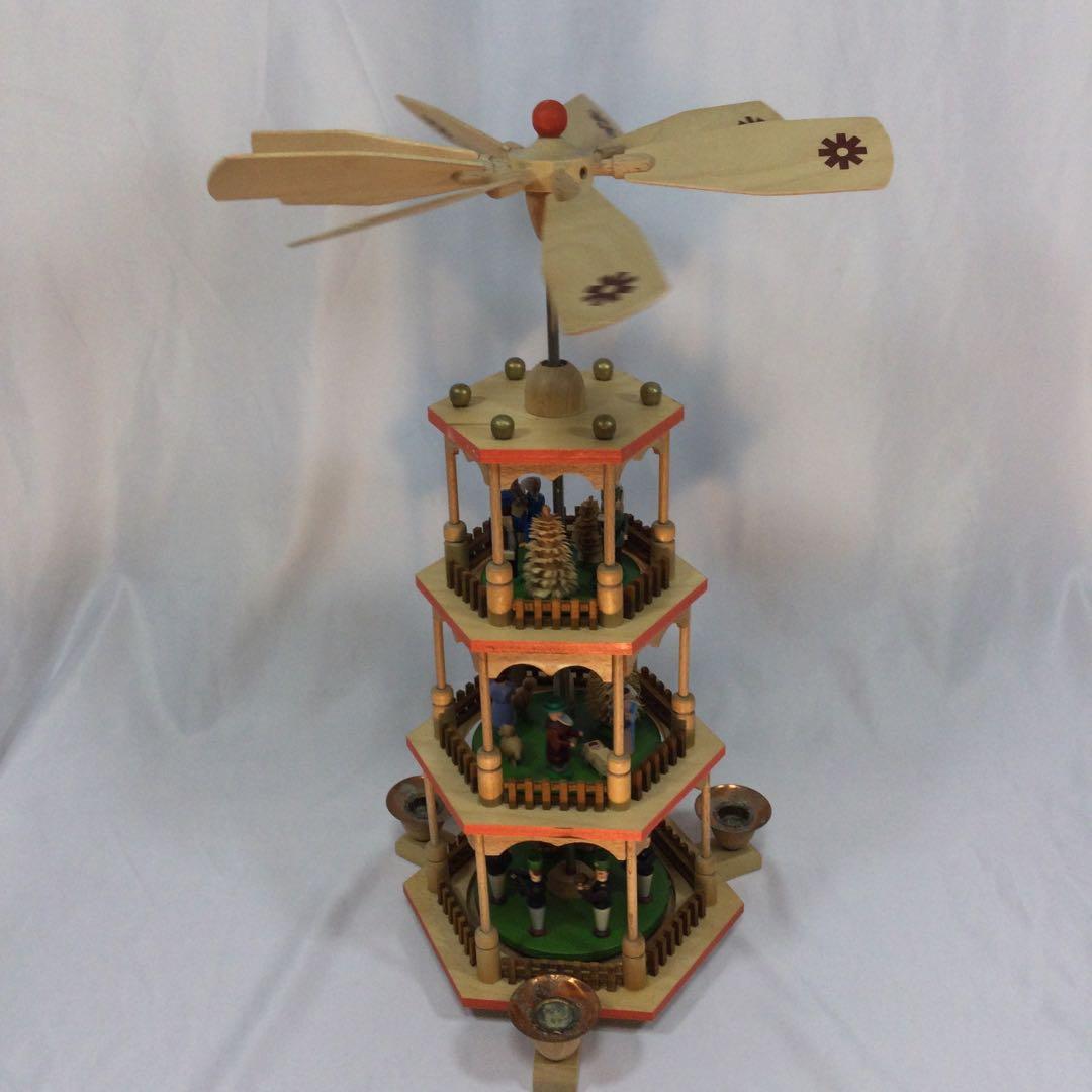 クリスマス　飾り　蝋燭3本　3段　回転　木製　ヴィンテージ　（2088）