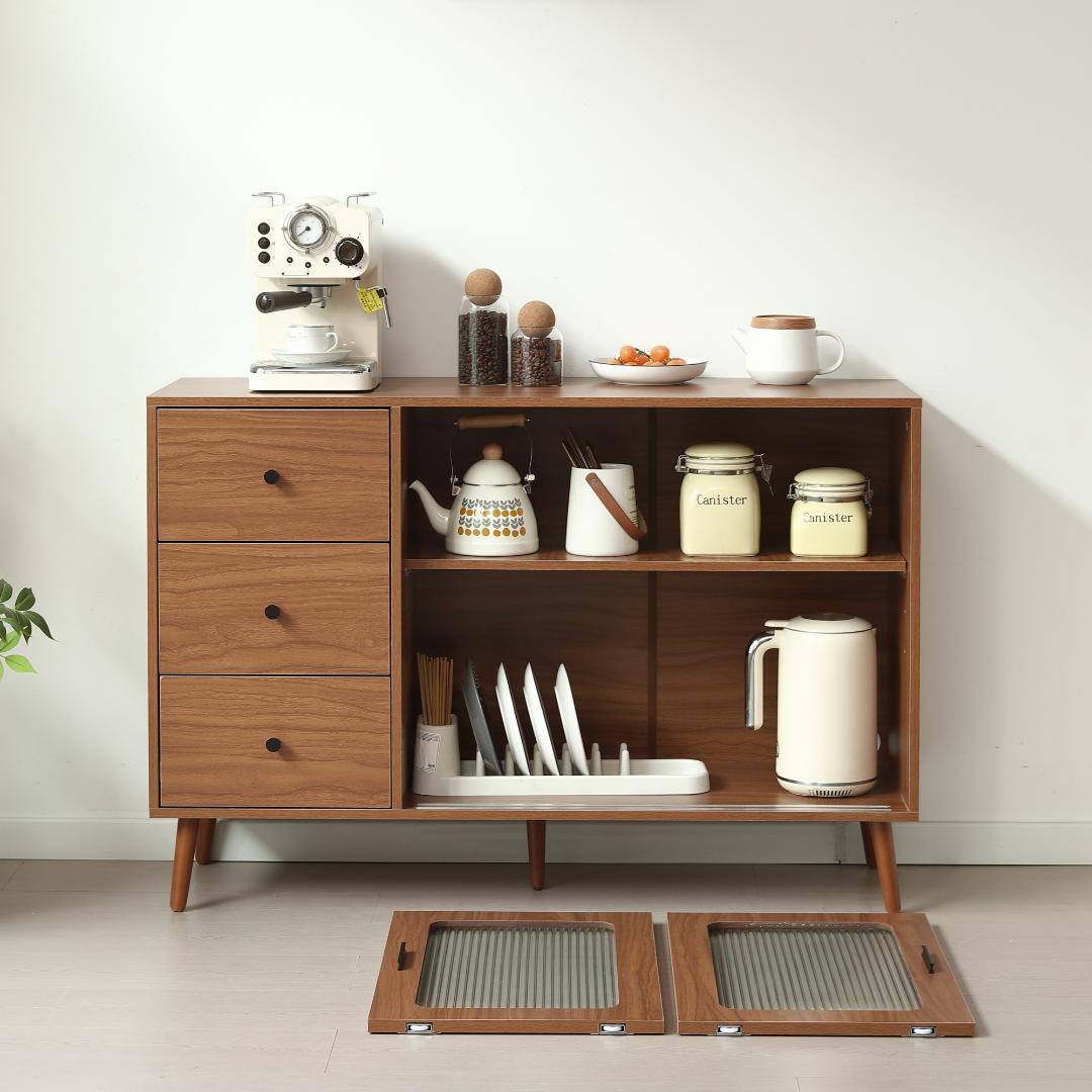 タイムセール！新作のキャビネット　引き出し付き　食器棚　扉付き　BROWN