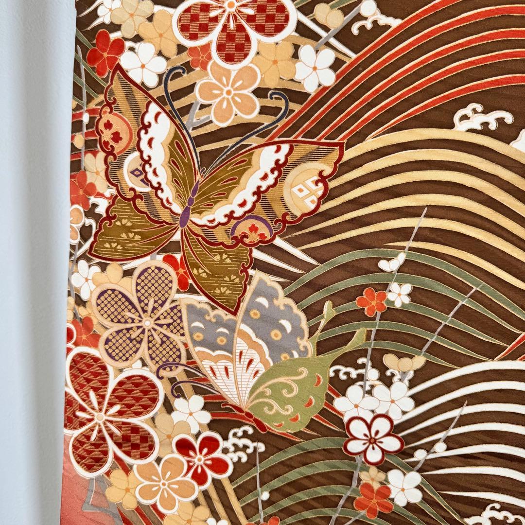 超美品　振袖　現代　振袖　成人式　着物　164裄66.5 茶色　ピンク　蝶々　梅