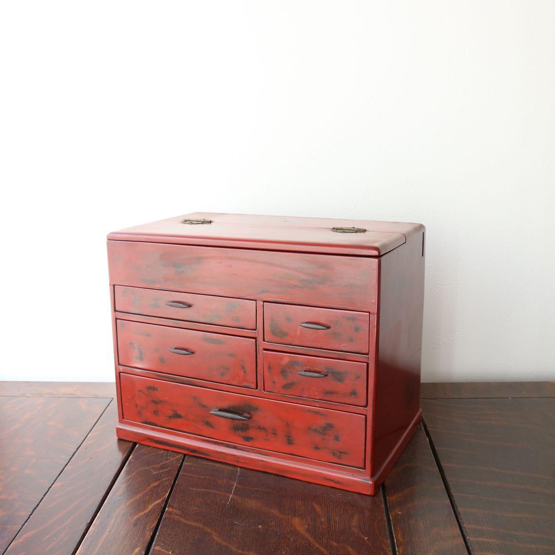 大正ロマンな根来塗が美しい時代裁縫箱お針箱（小引出し骨董民芸ブロカント