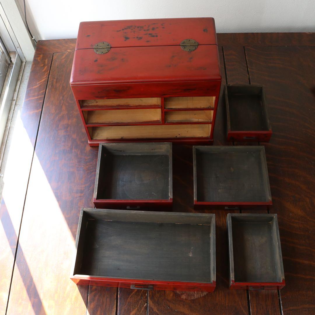 大正ロマンな根来塗が美しい時代裁縫箱お針箱（小引出し骨董民芸ブロカント