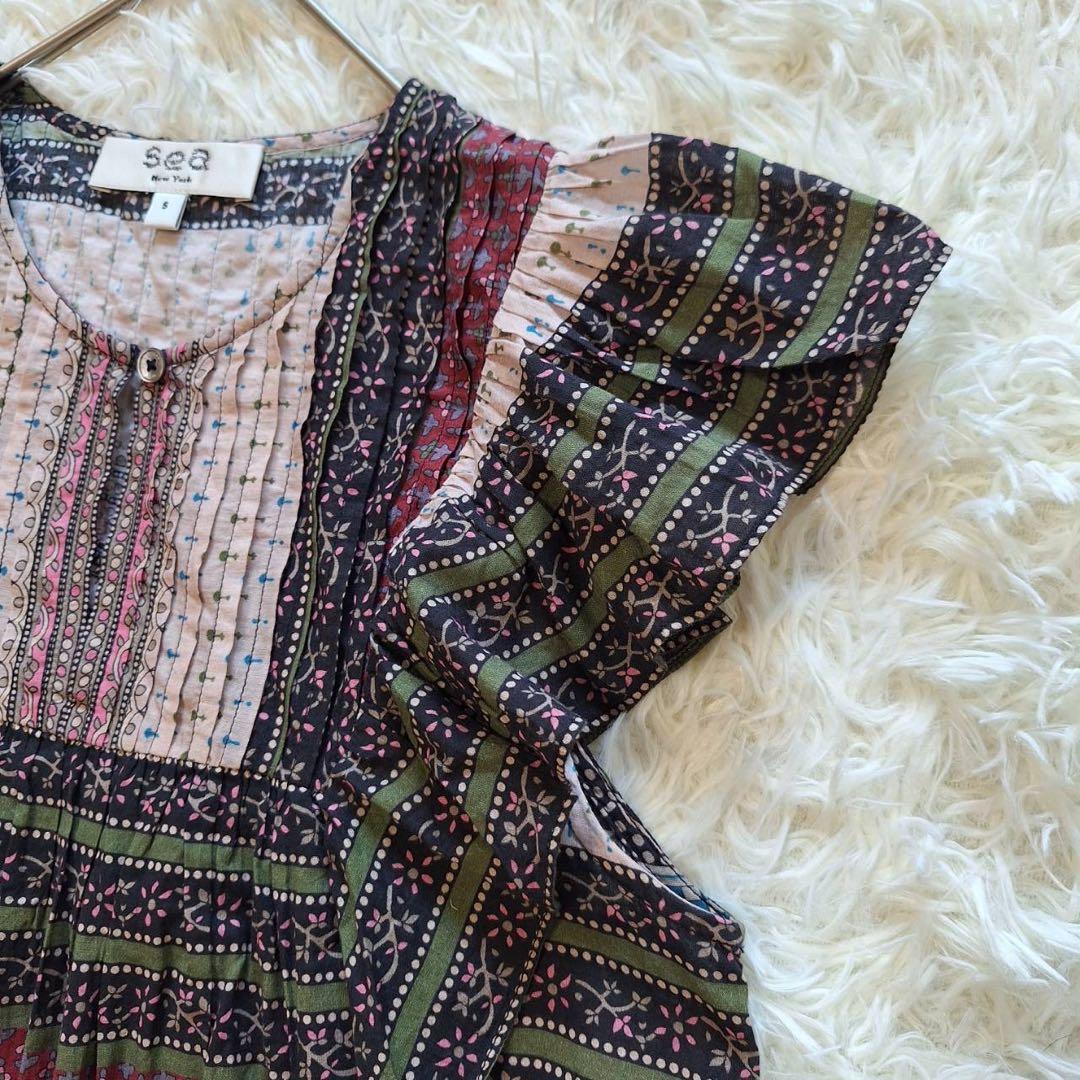 美品✨シーニューヨーク 総柄半袖ブラウス マルチカラー ピンタック コットン