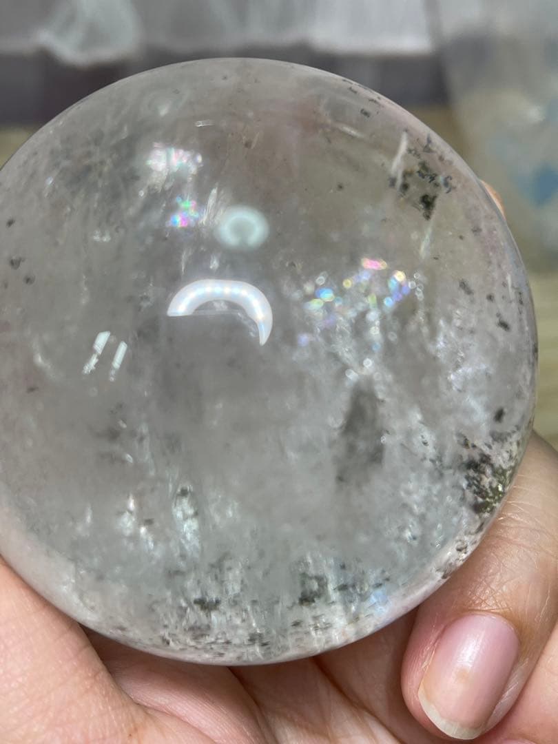 綺麗　天然石　 レインボー アイリスクォーツ　緑幽霊　共生 水晶丸玉 スフィア