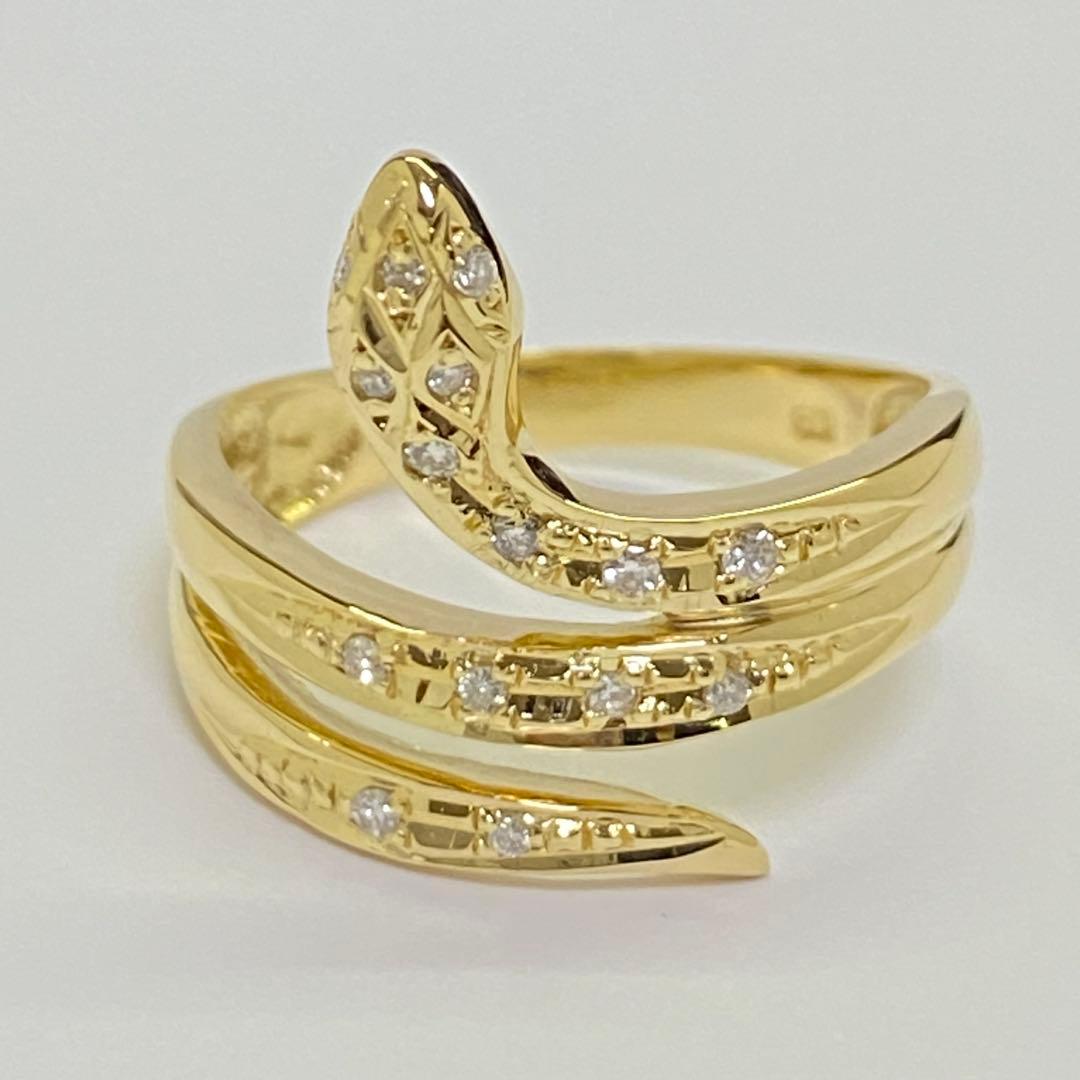 K18　天然ダイヤモンドリング　蛇モチーフ　18金　幅広　ヘビ　へび