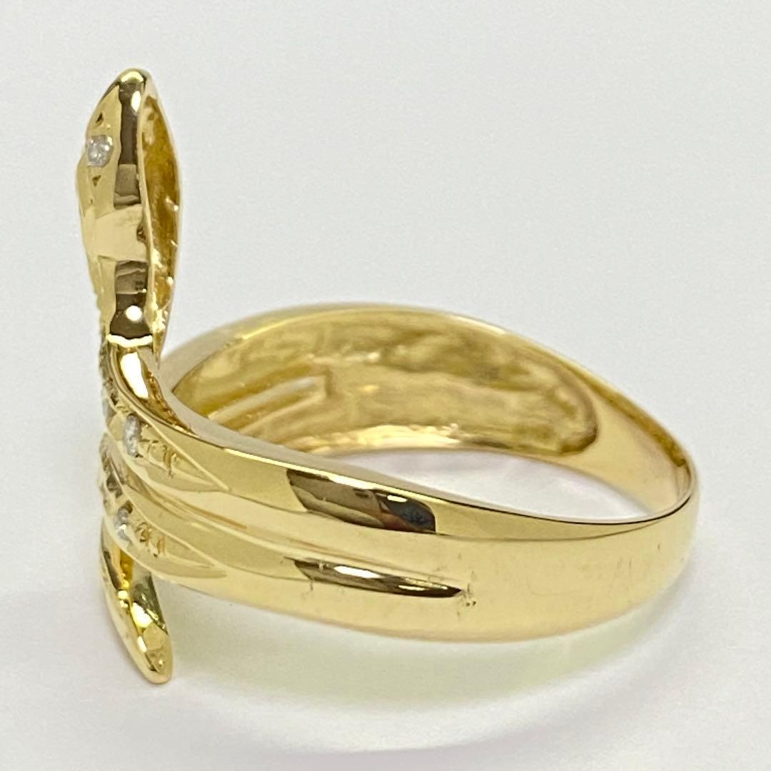 K18　天然ダイヤモンドリング　蛇モチーフ　18金　幅広　ヘビ　へび