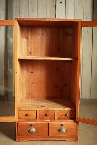 古い小ぶりな木枠のガラス戸棚　小引き出し5杯　食器棚　キャビネット　古家具古民家