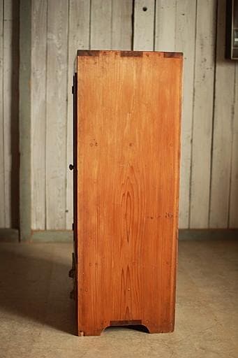 古い小ぶりな木枠のガラス戸棚　小引き出し5杯　食器棚　キャビネット　古家具古民家