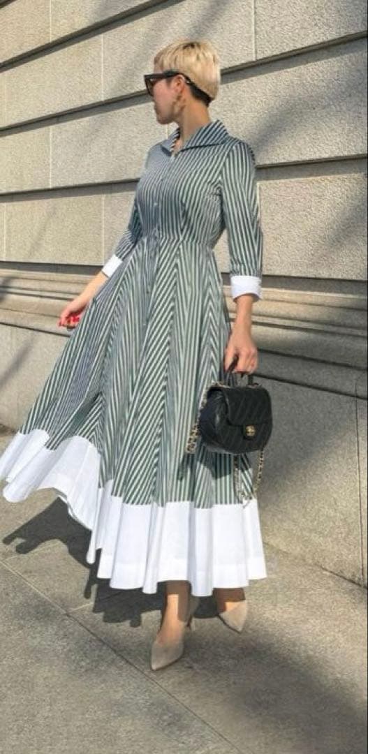 JENNEシャープ配色ワンピースMグリーン