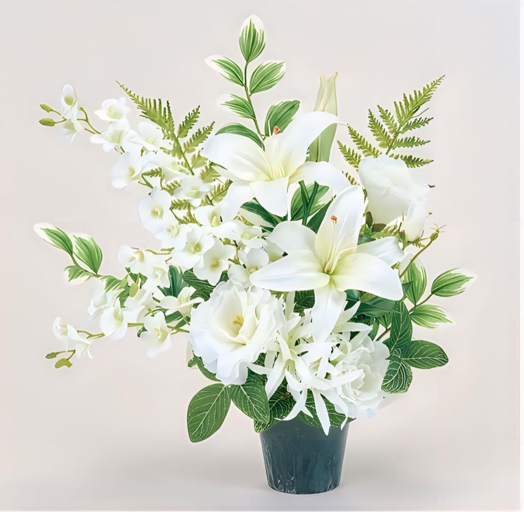 光触媒　人工観葉植物　フェイクグリーン　お供えカサブランカアレンジ左用