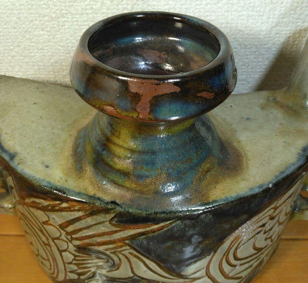 人間国宝 金城次郎 魚紋抱瓶 栞 共箱 美品 壺屋焼 壷屋焼 やちむん 大きい