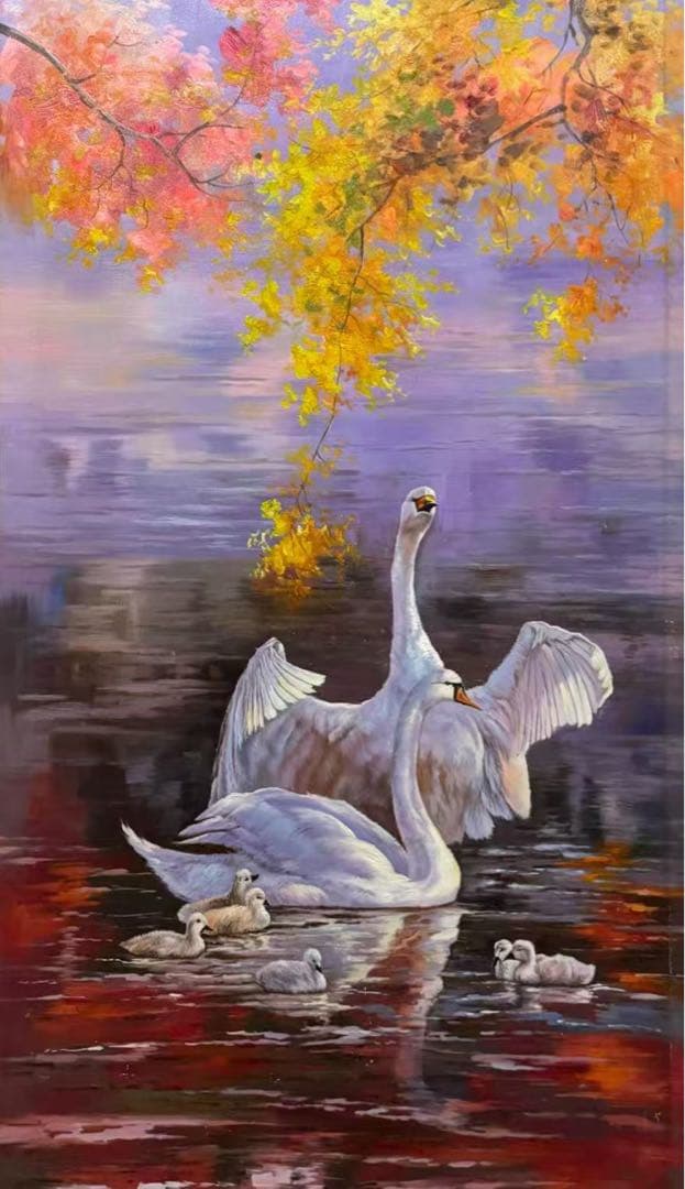 白鳥と子供の白鳥の油絵z)