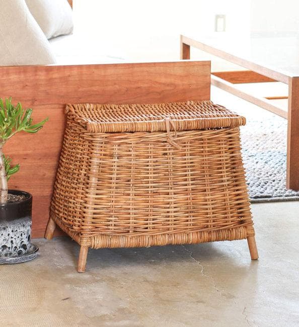皮つきラタン脚付バスケット 籐 リビング収納 衣類収納（1212）