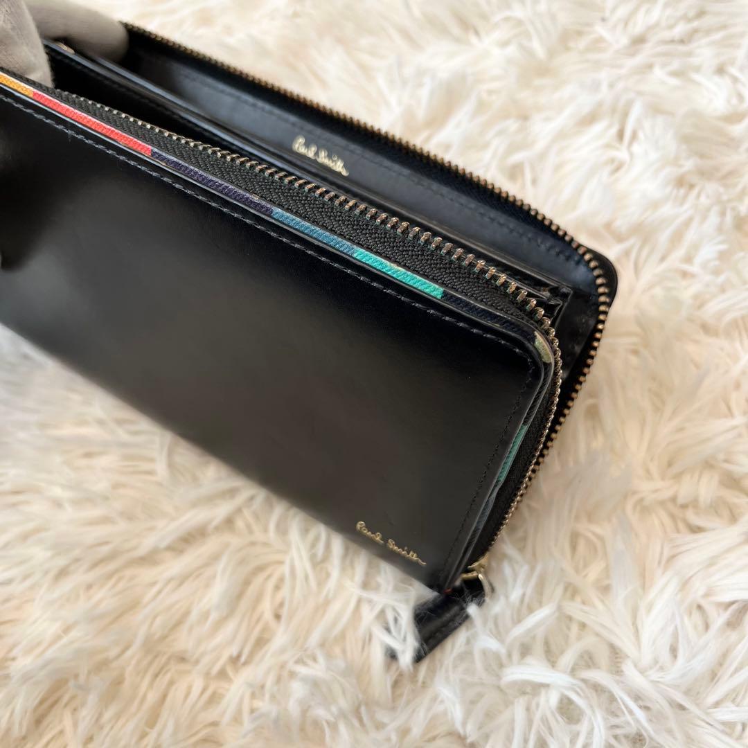 【美品】ポールスミス ラウンドジップ マルチストライプ レザー ブラック 本革
