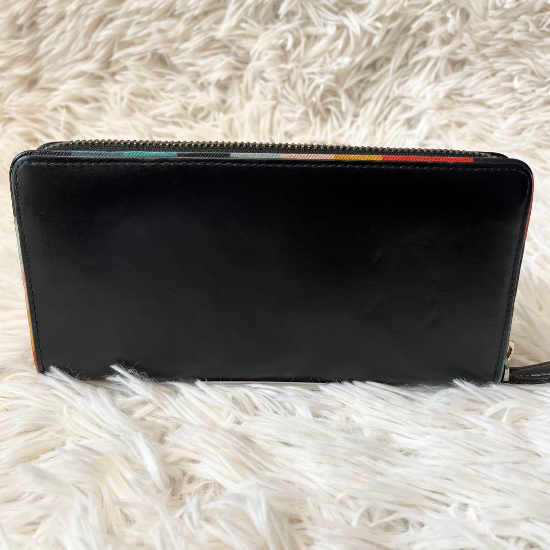 【美品】ポールスミス ラウンドジップ マルチストライプ レザー ブラック 本革