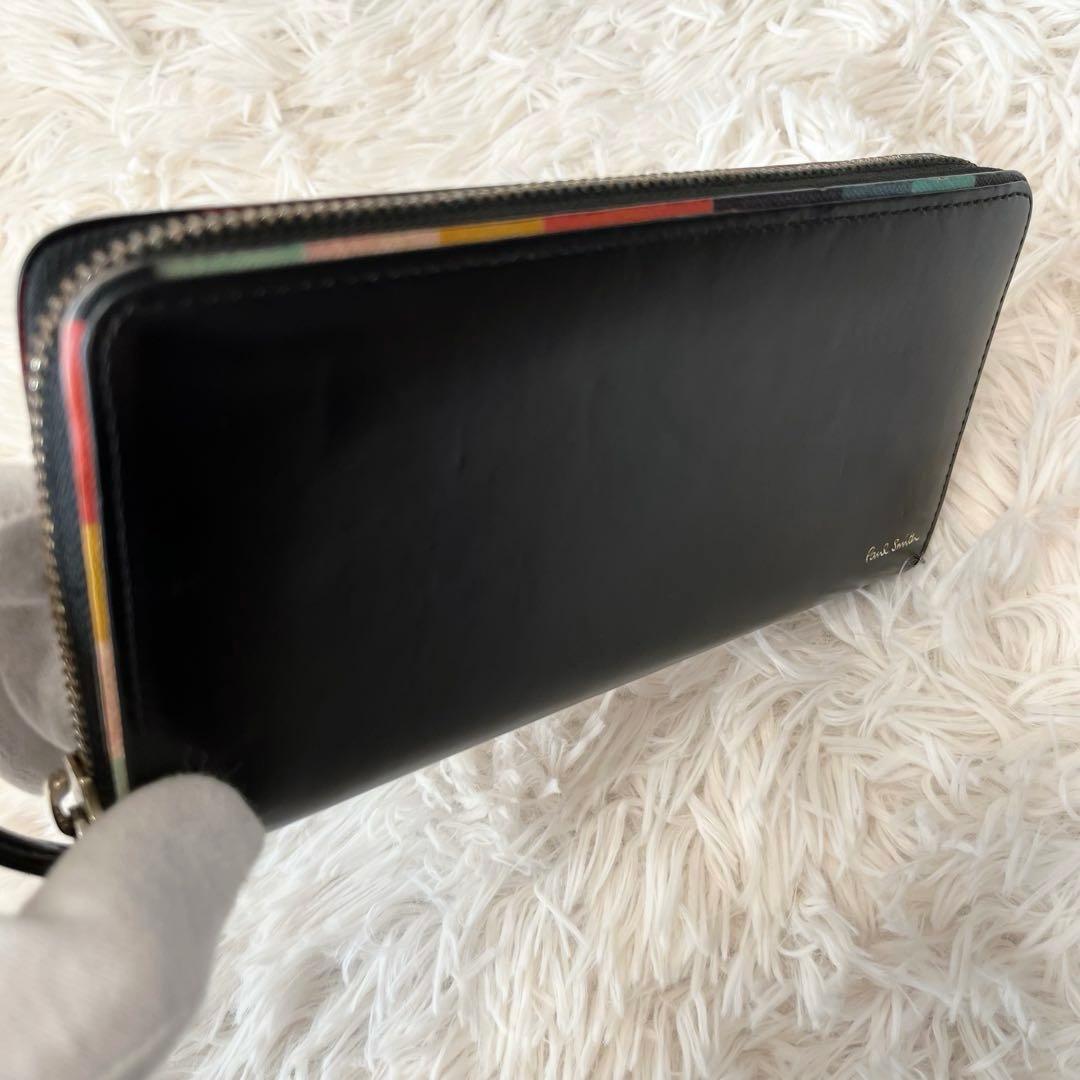 【美品】ポールスミス ラウンドジップ マルチストライプ レザー ブラック 本革