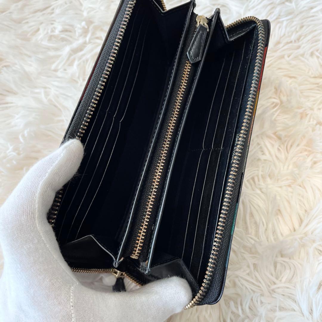 【美品】ポールスミス ラウンドジップ マルチストライプ レザー ブラック 本革
