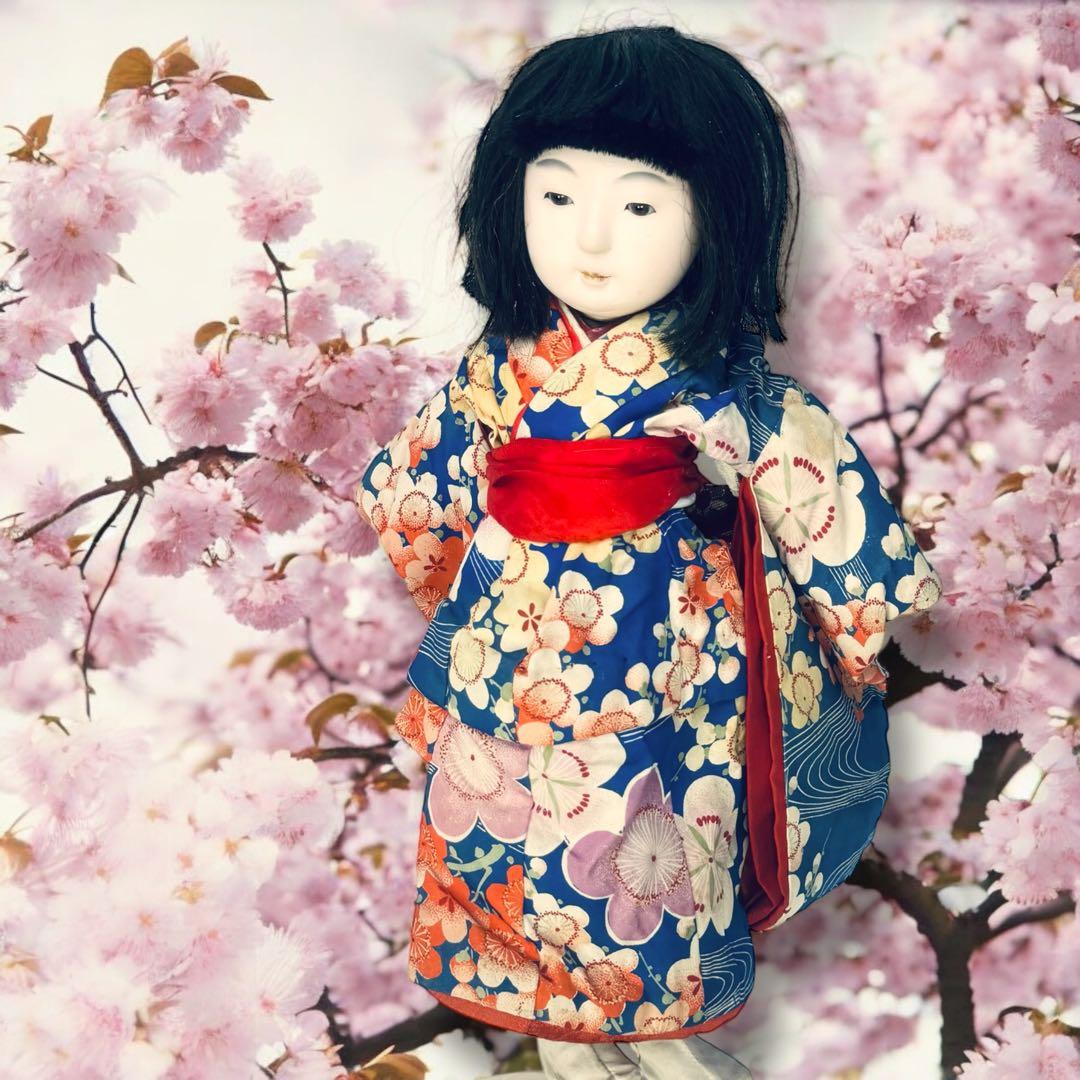 市松人形 明治期 1868年〜 三つ折れ ふいご 山桜 青縮緬着物 花柄 着物
