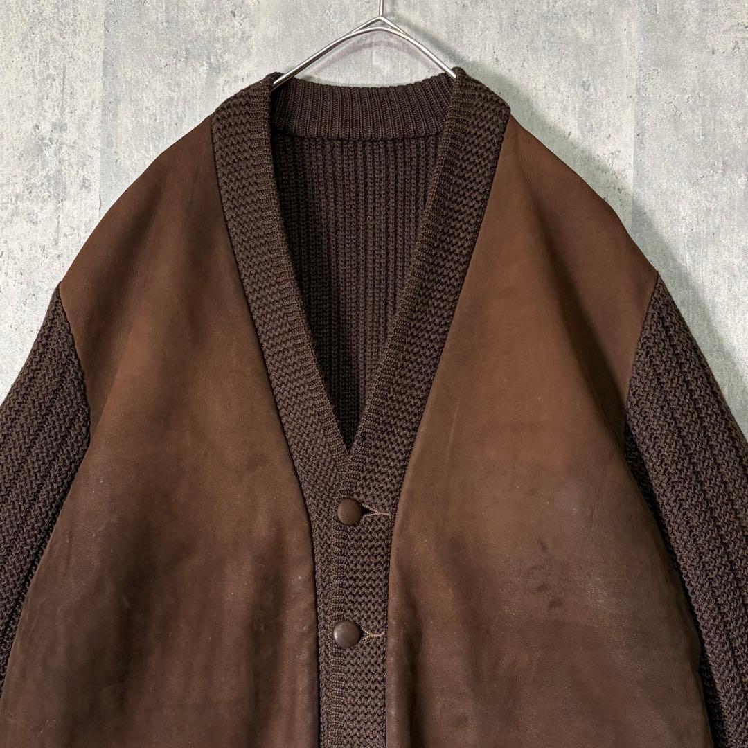 ユーロヴィンテージ レザー ニット 切替 ジャケット カーディガン 茶色 ドイツ