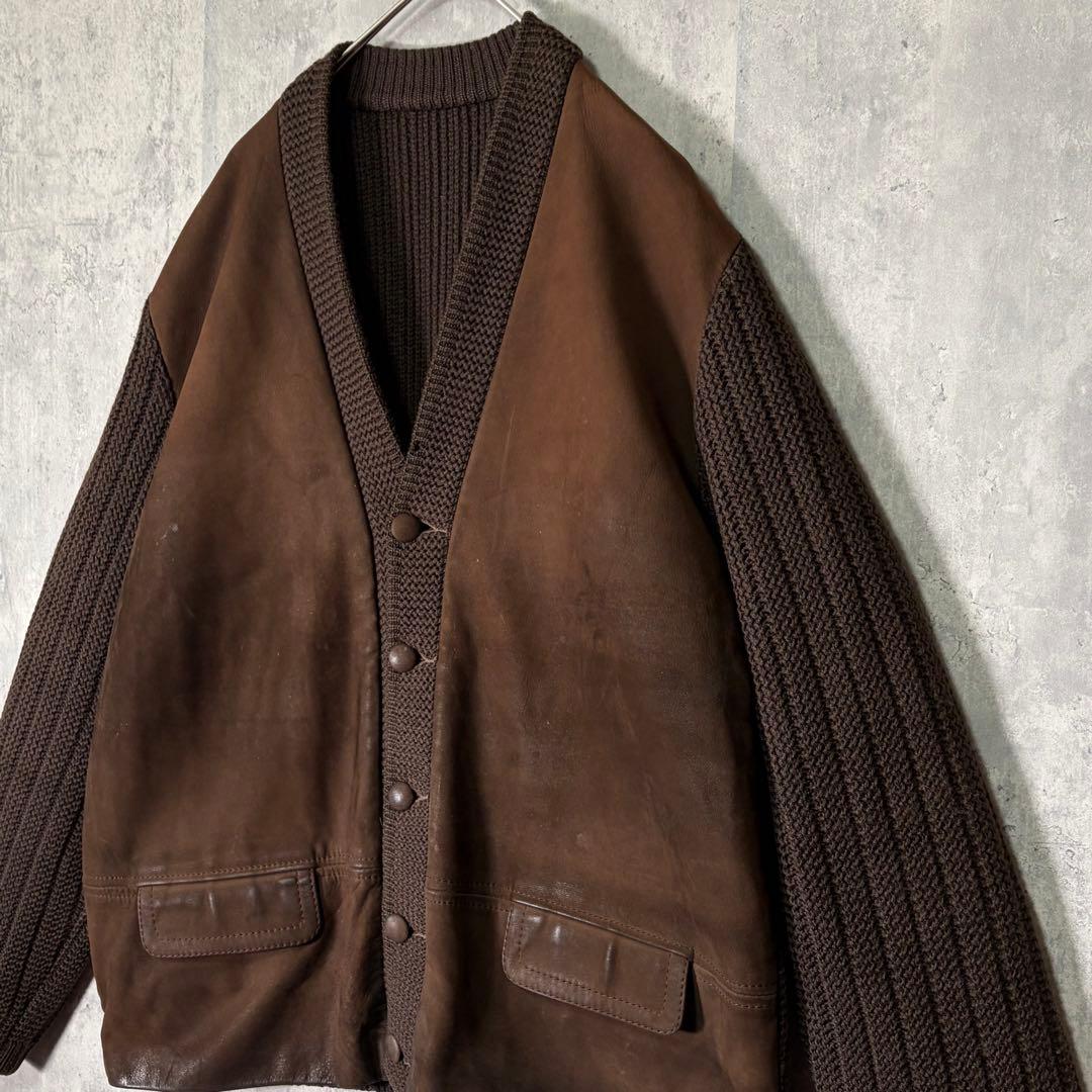 ユーロヴィンテージ レザー ニット 切替 ジャケット カーディガン 茶色 ドイツ