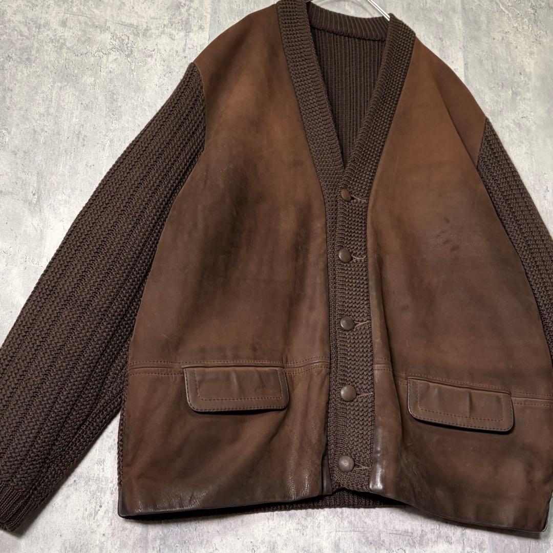 ユーロヴィンテージ レザー ニット 切替 ジャケット カーディガン 茶色 ドイツ