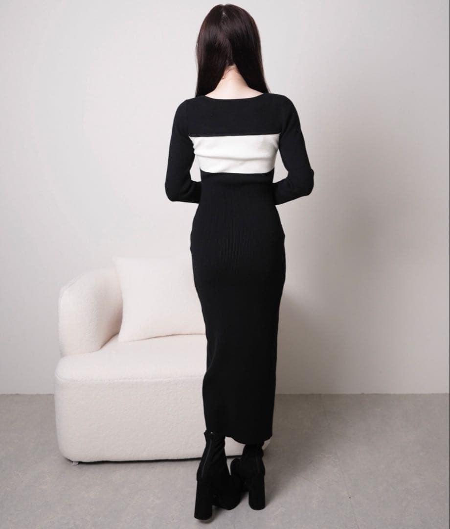 LIP SERVICE デコルテオープンバイカラーリボンニットワンピース