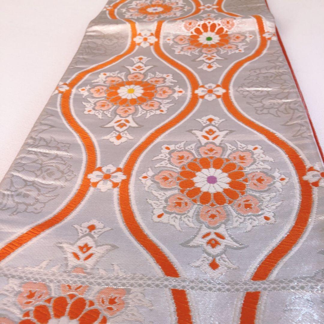 フルセット　七五三７歳女の子　オレンジ　正絹　扇蝶桜　銀地袋帯　簡単半衿7095