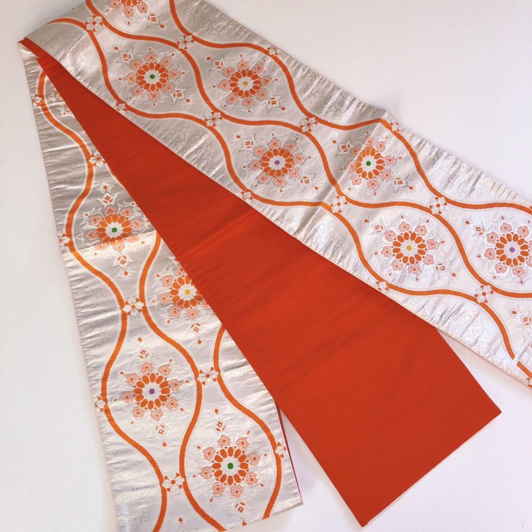 フルセット　七五三７歳女の子　オレンジ　正絹　扇蝶桜　銀地袋帯　簡単半衿7095