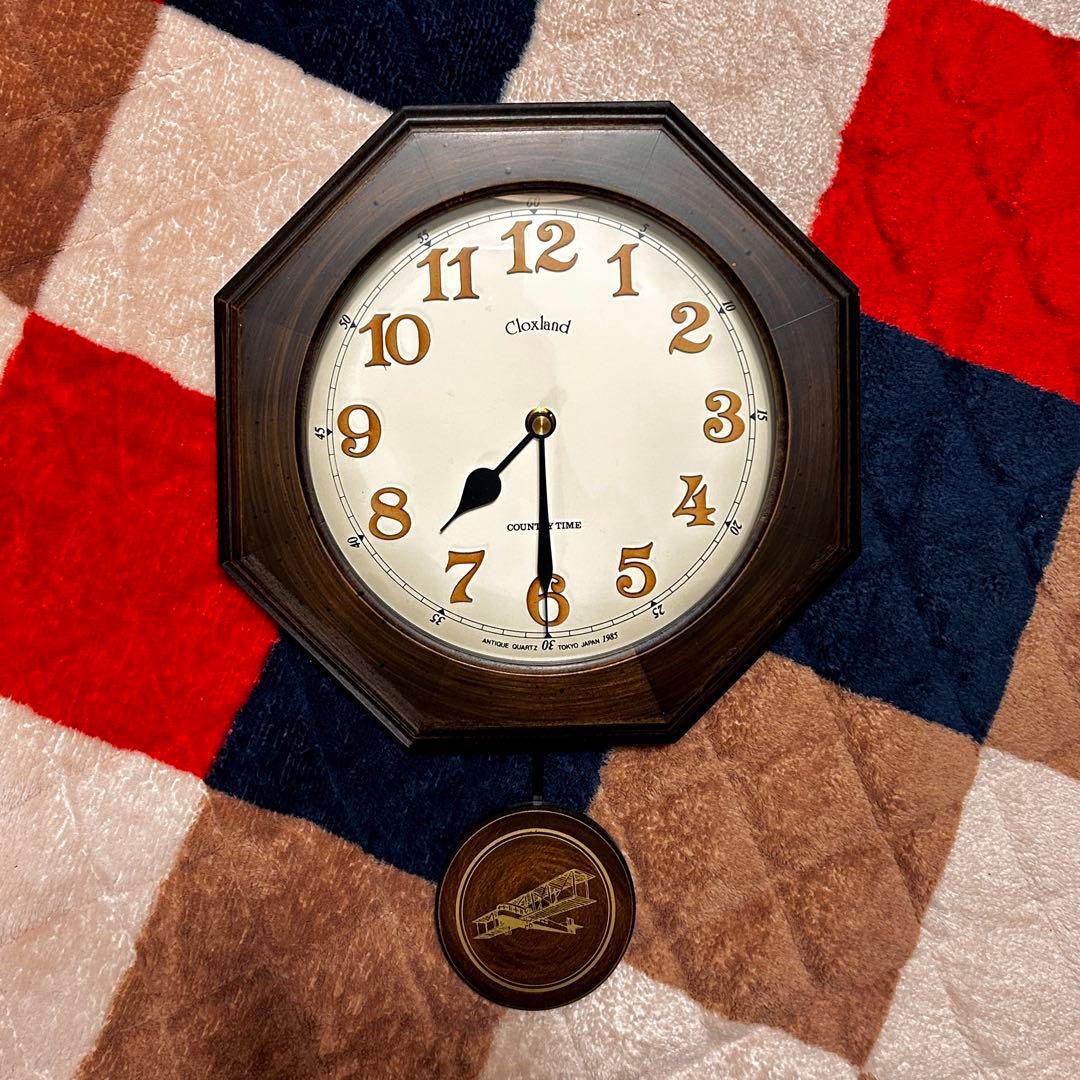 日本製 SUNTEL 天然木レトロ電波振り子時計 飛行機 アンティークブラウン