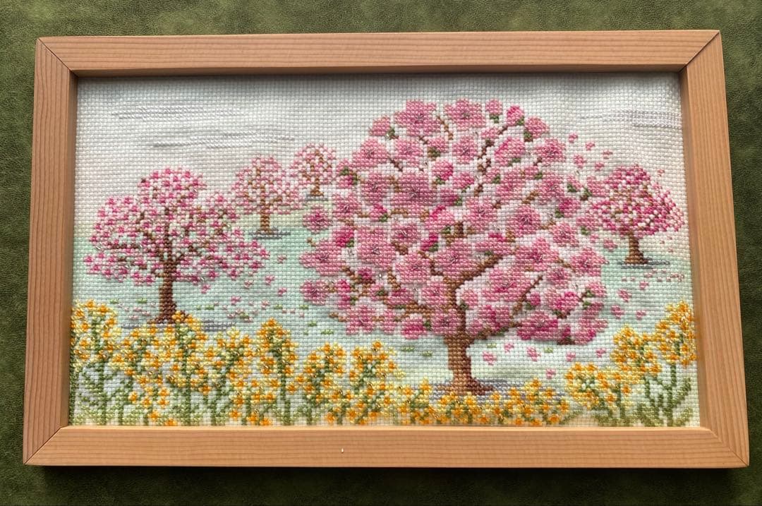 【完成品】桜と菜の花　クロスステッチ