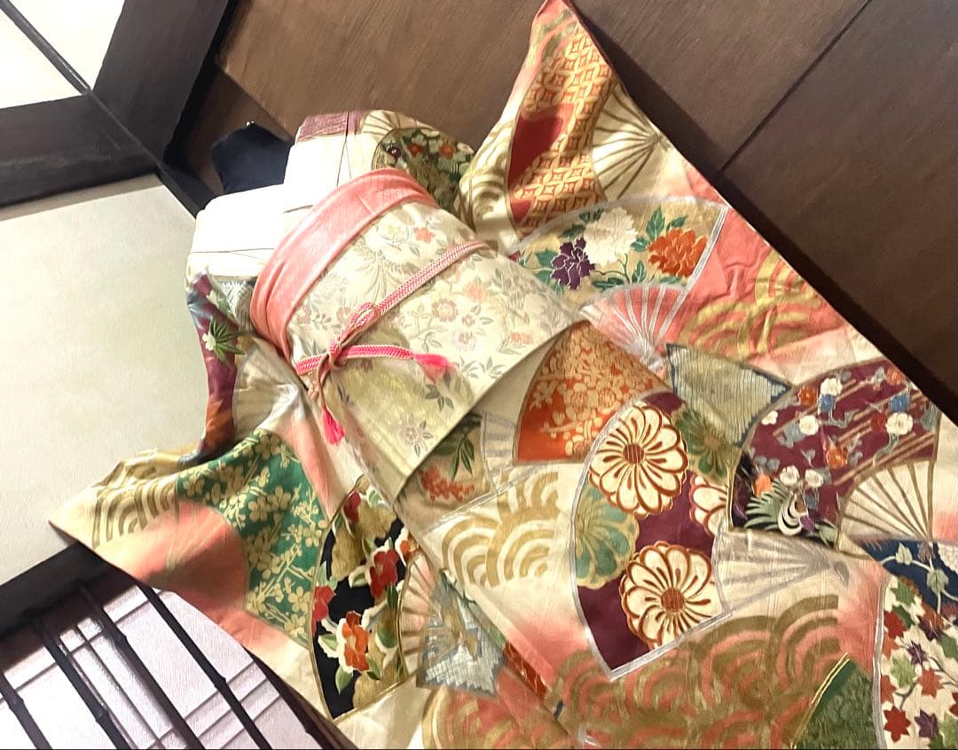 振袖フルセット6点サイズM〜Ｌ駒刺繍　扇面花文　暈し染め　金銀彩　金銀糸　正絹