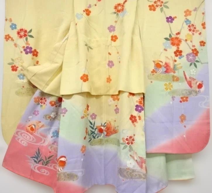 正絹京友禅☆箔散らし＋金駒刺繡☆八重紅枝垂れ桜や鴛鴦雅やかな7歳七五三向け祝い着