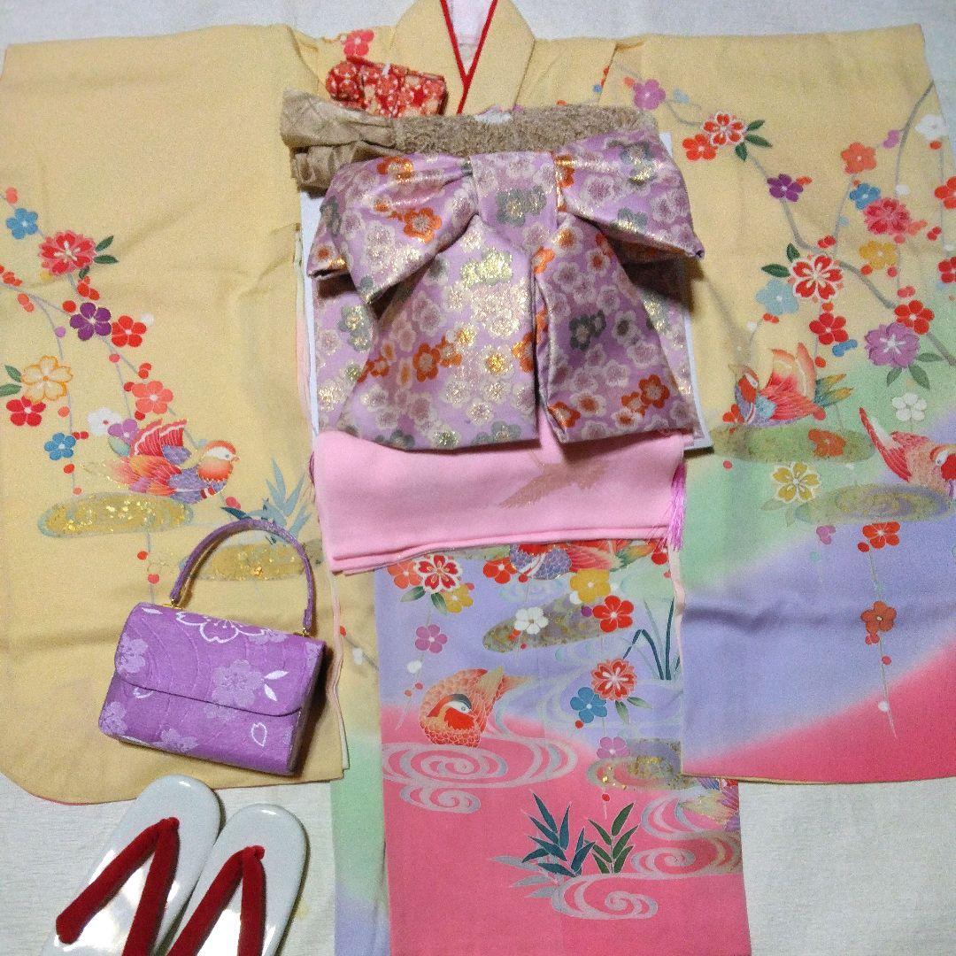 正絹京友禅☆箔散らし＋金駒刺繡☆八重紅枝垂れ桜や鴛鴦雅やかな7歳七五三向け祝い着