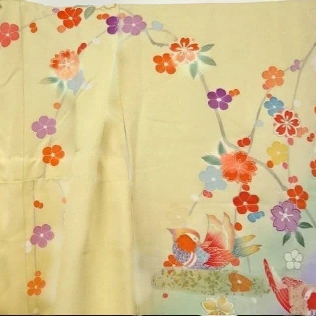 正絹京友禅☆箔散らし＋金駒刺繡☆八重紅枝垂れ桜や鴛鴦雅やかな7歳七五三向け祝い着