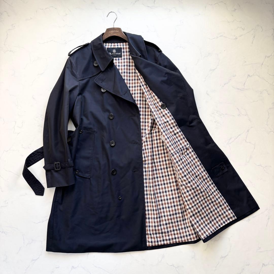 アクアスキュータム トレンチコート ロング丈 クラブチェック ネイビー 3L