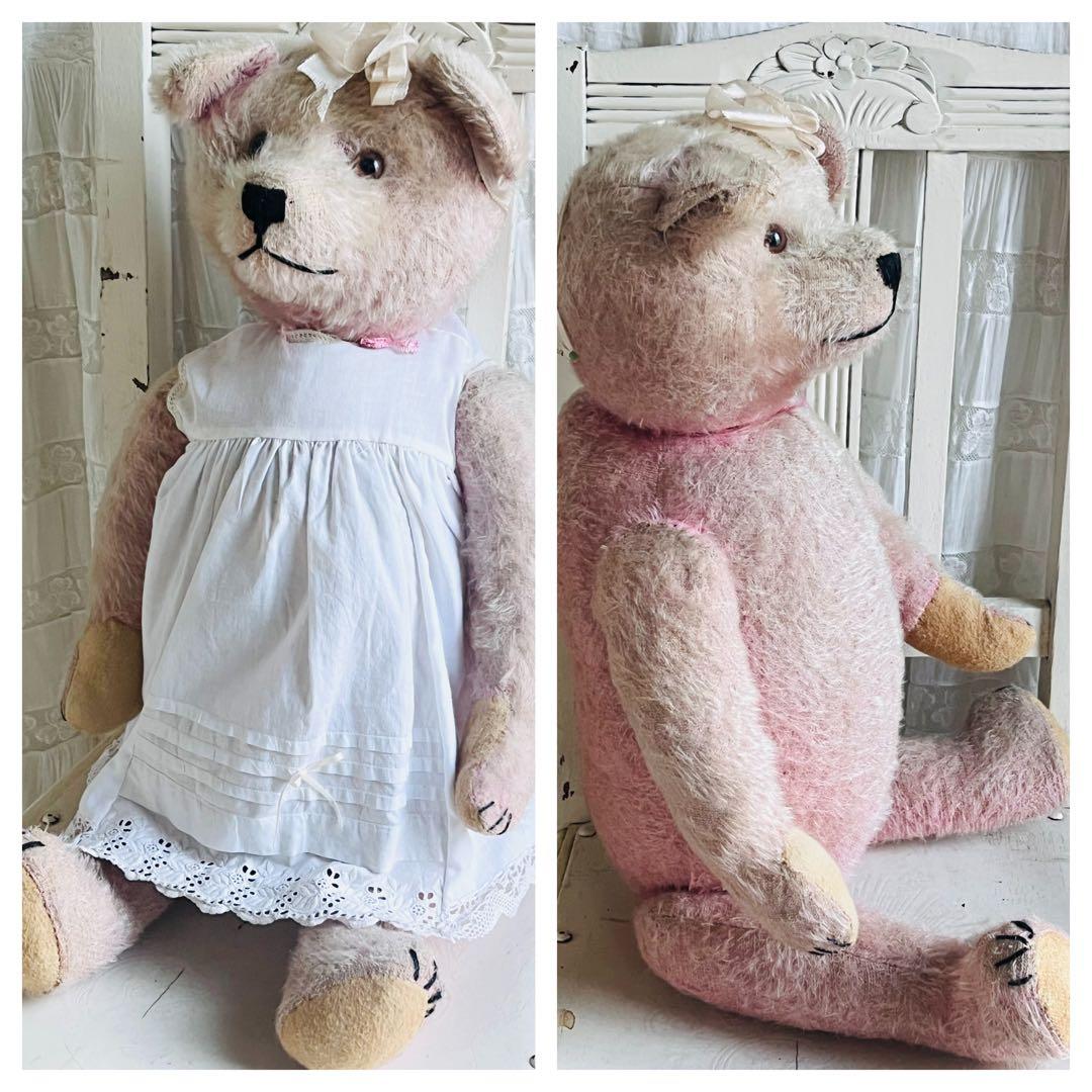 ドイツアンティークビンテージピンクテディベア ぬいぐるみベアビスクドールドレス