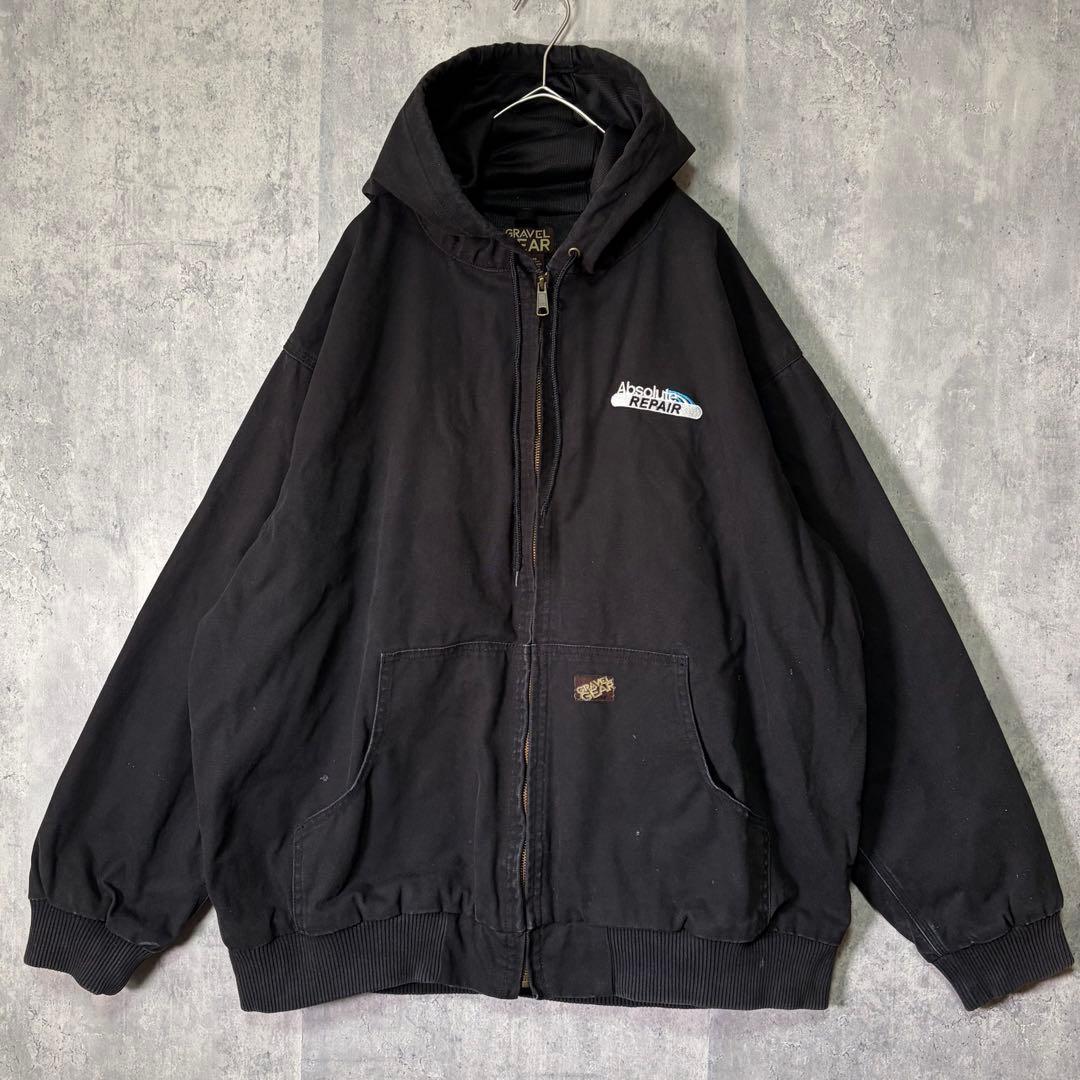 USA古着 企業ロゴ刺繍 ダック パーカー アクティブジャケット 黒 2XL