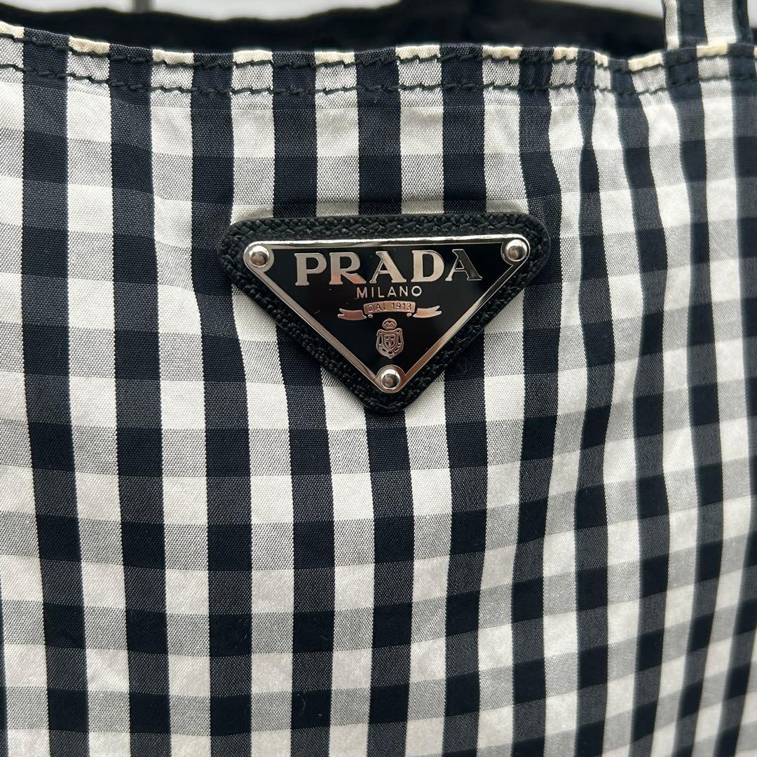 PRADA ギンガムチェック トートバッグ 三角ロゴ 大容量 ブラック 白タグ