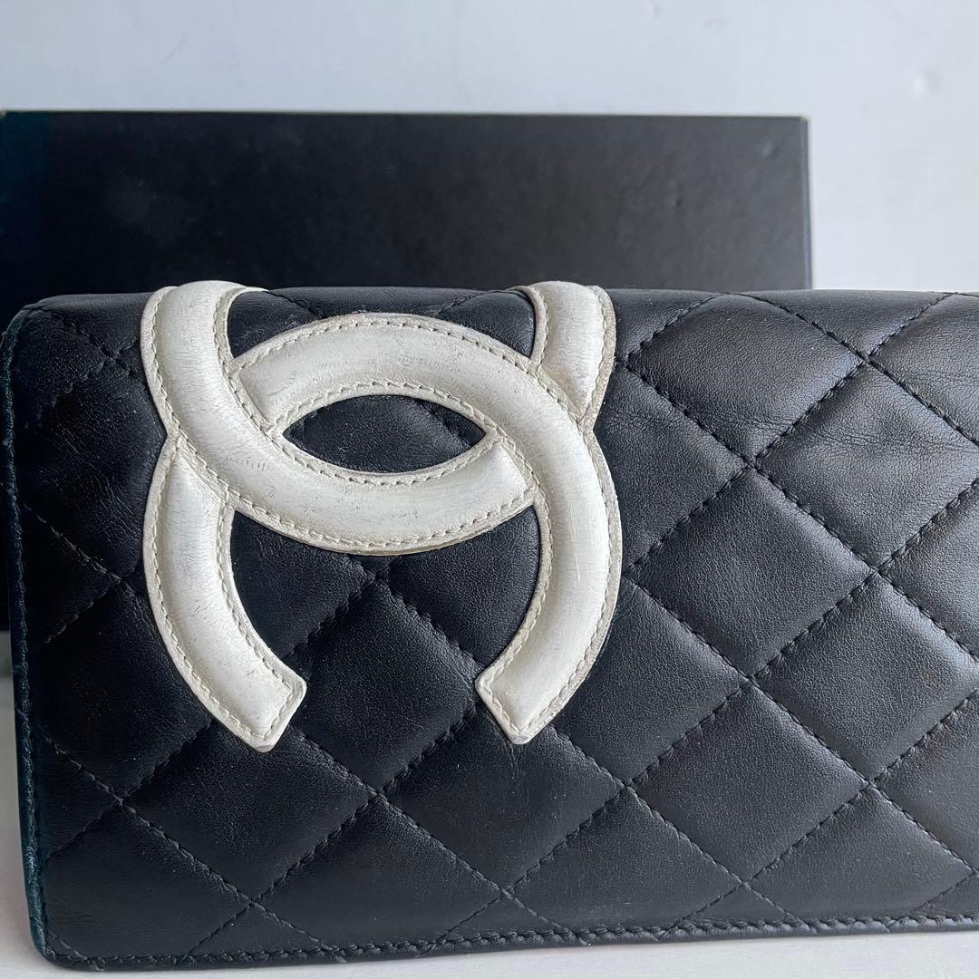 箱シール有り✨CHANEL マトラッセ カンボンライン ２つ折り長財布白黒ピンク
