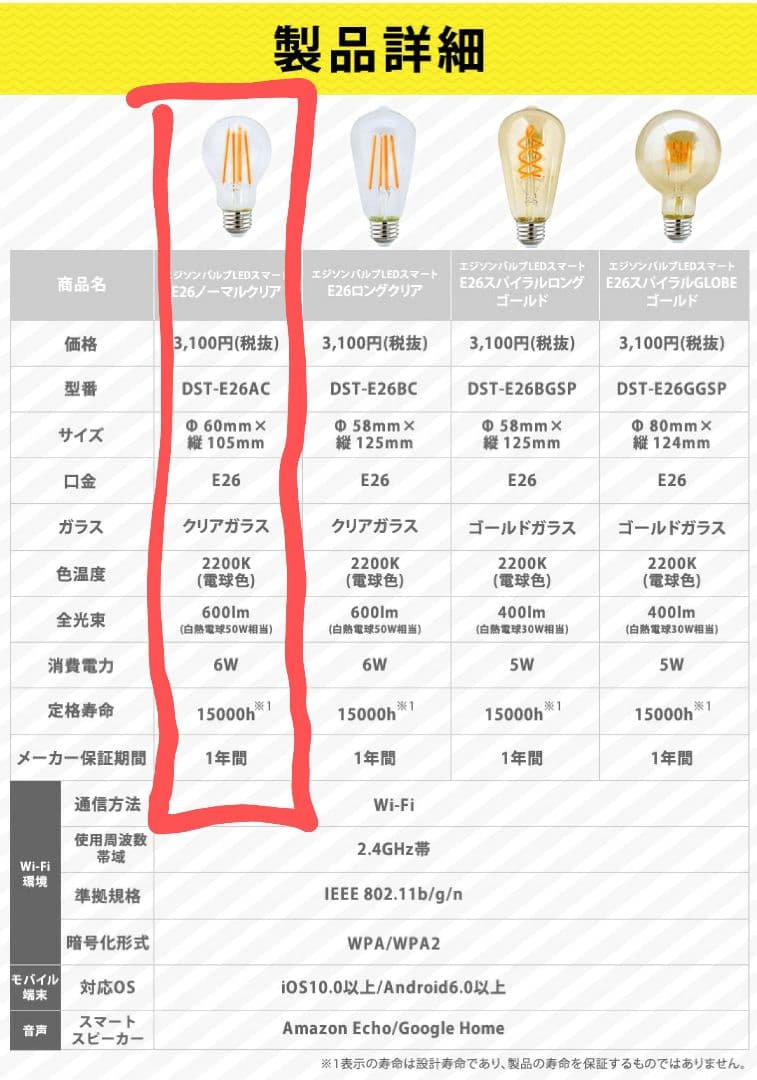 調光 E26 エジソンバルブLEDスマート(ノーマルクリア) 電球色　5個セット
