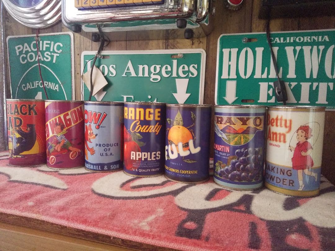 レトロ、アンティーク風 缶詰型の貯金箱7つセット スチール缶アメリカン雑貨