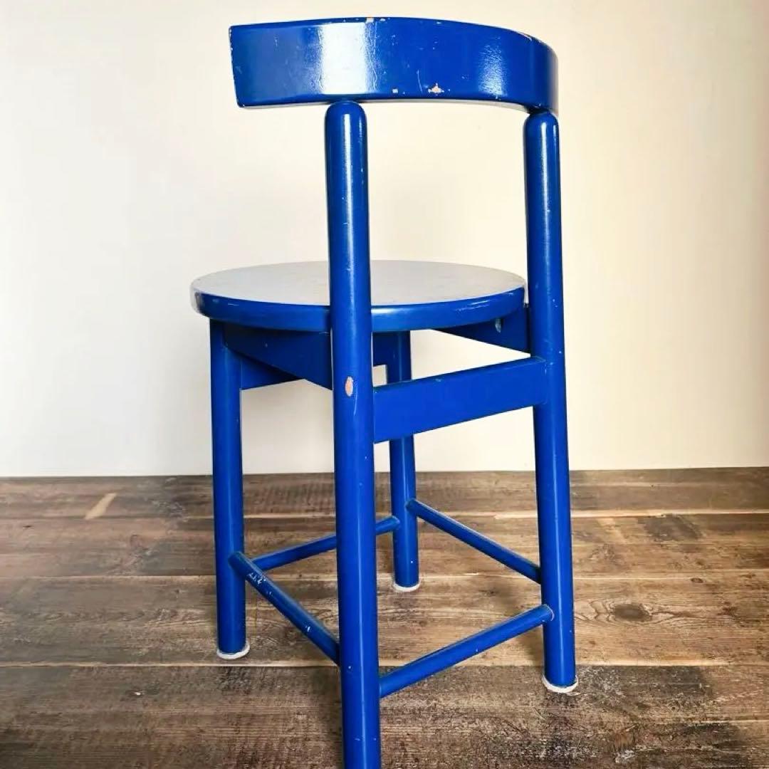 昭和40年代 青い木製スツール 無垢材 丸椅子 レトロ 学校家具