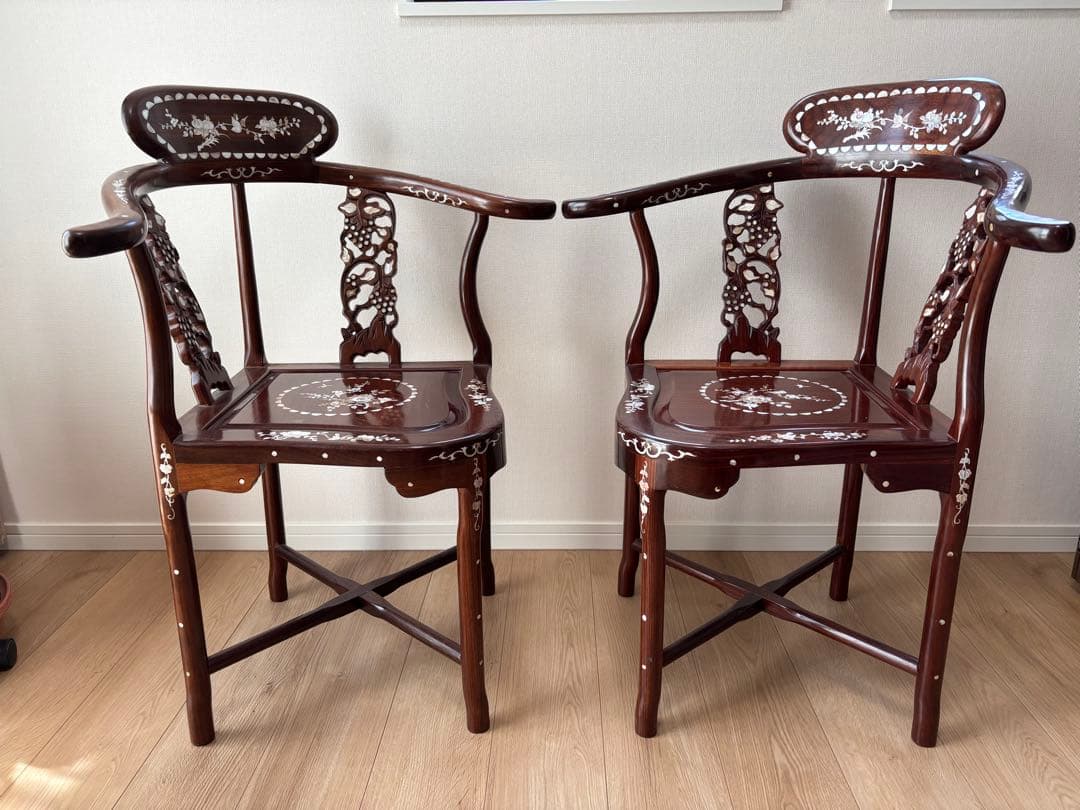 【セット②：椅子2脚組】唐木家具 螺鈿細工 チェア ※机別売