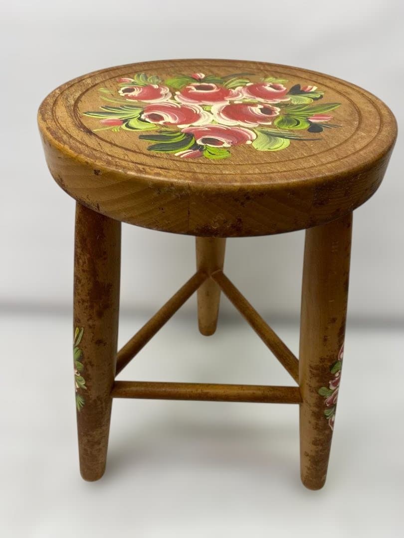 MADE IN ITALY 木製スツール 手描き 花模様 アンティーク調 花台