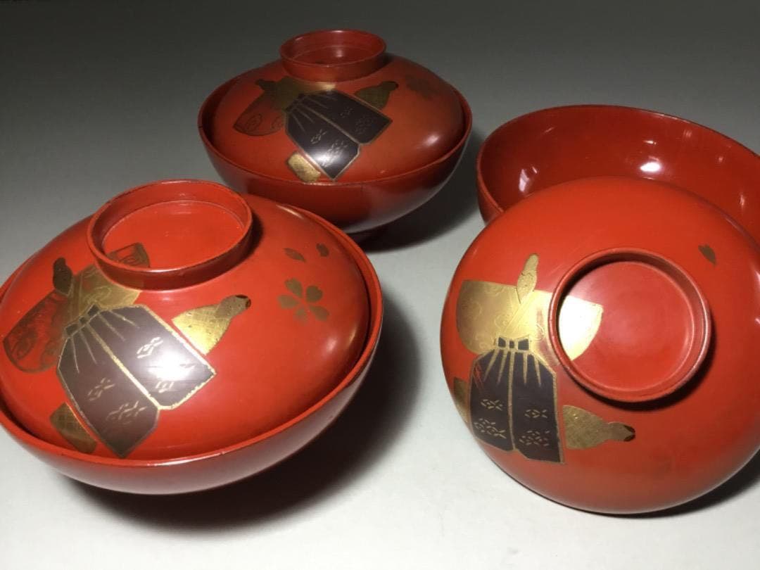 漆器◆雛人形文 / 吸い物椀３客◆傷みあり 雛コレクション 立ち雛 和食器