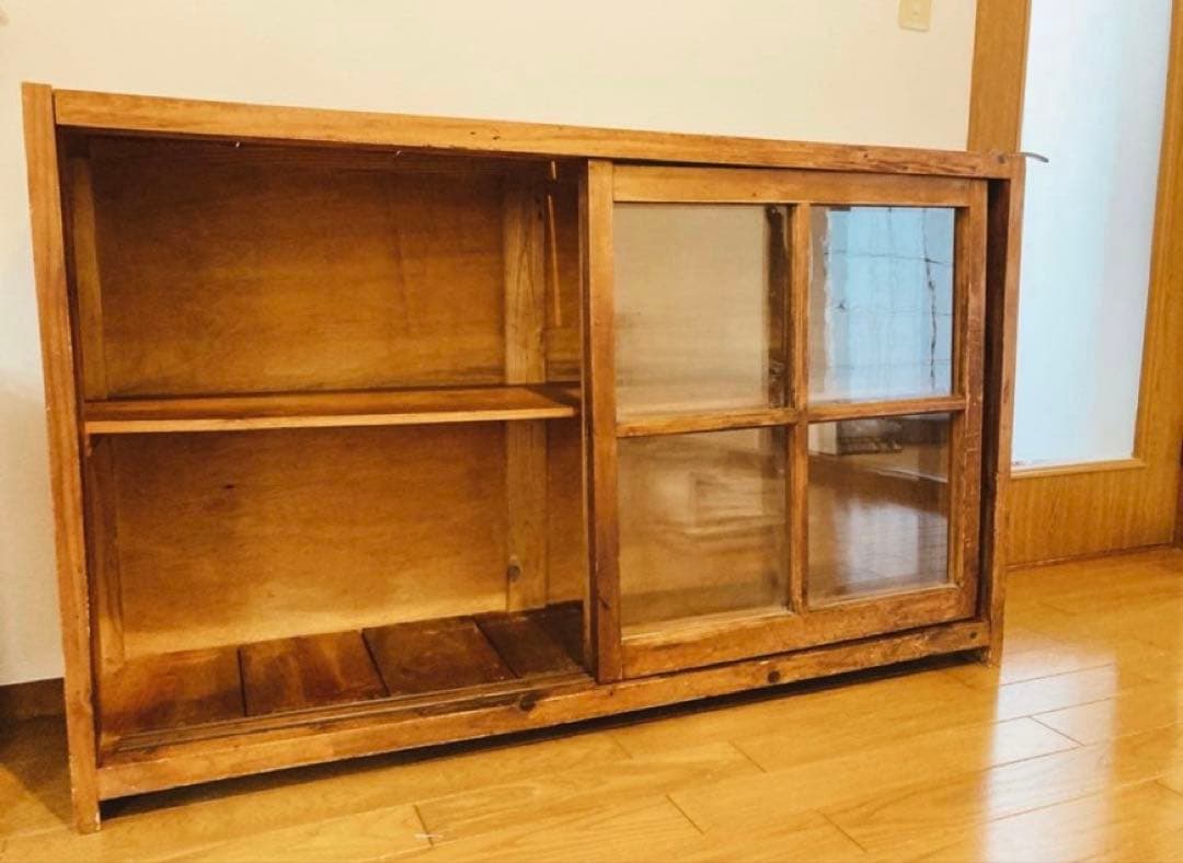 古いガラス戸棚　古道具　アンティーク　木製棚　ヴィンテージ