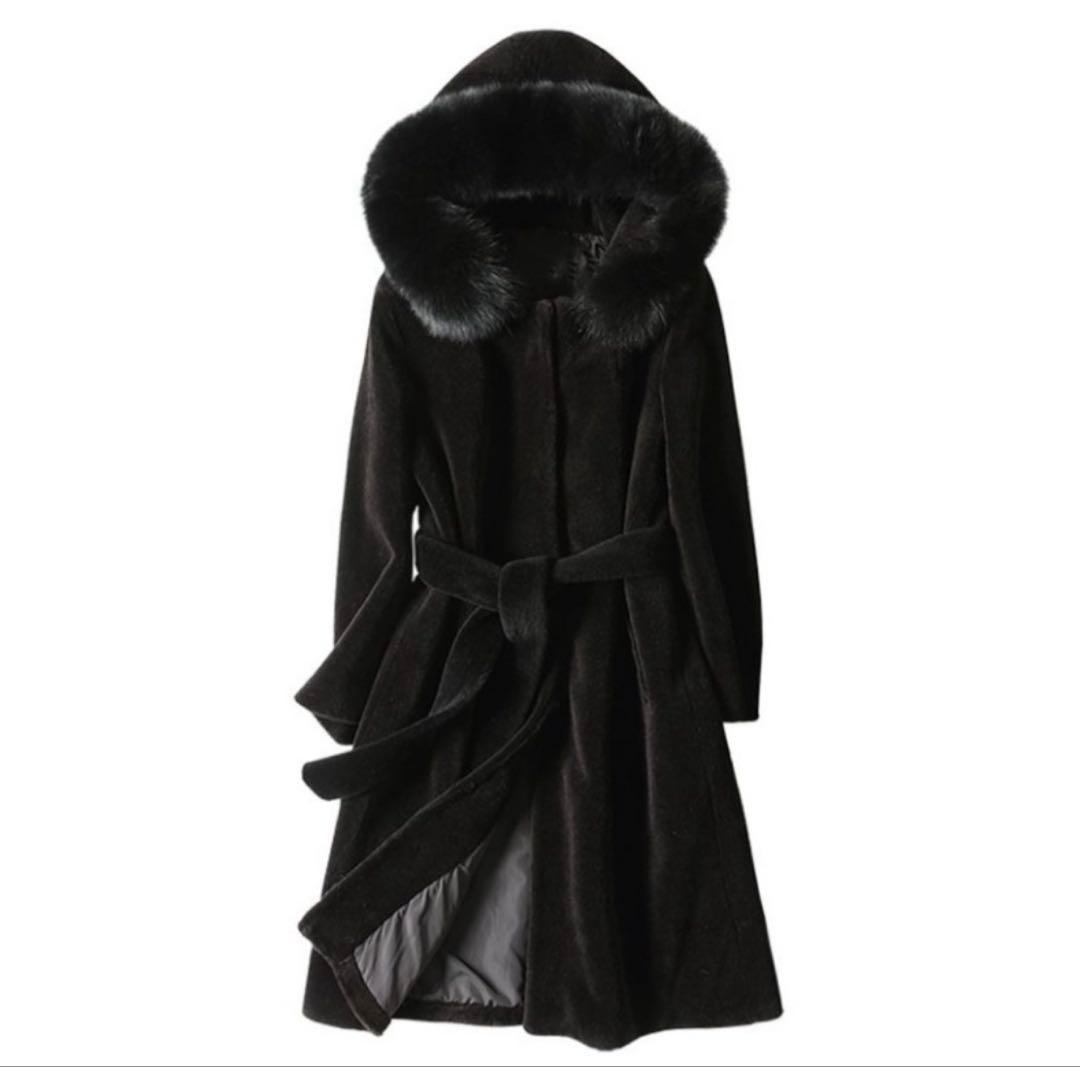 値下げ中　最高級フォックスファー襟付き羊毛ロングコート帽子付 黒毛皮ファー