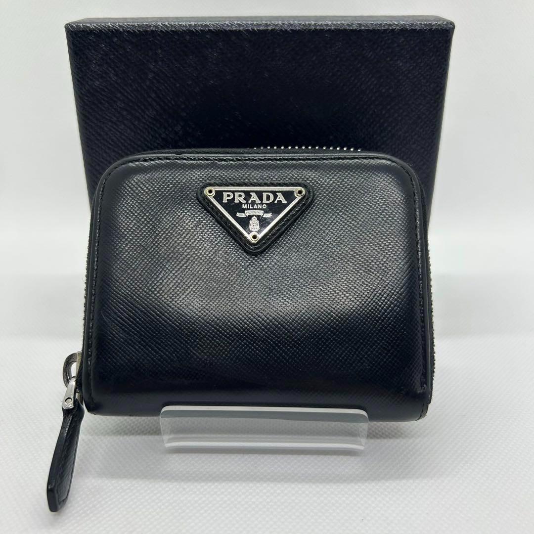 【美品】プラダ コンパクト財布 ケース レザー ラウンドファスナー 黒