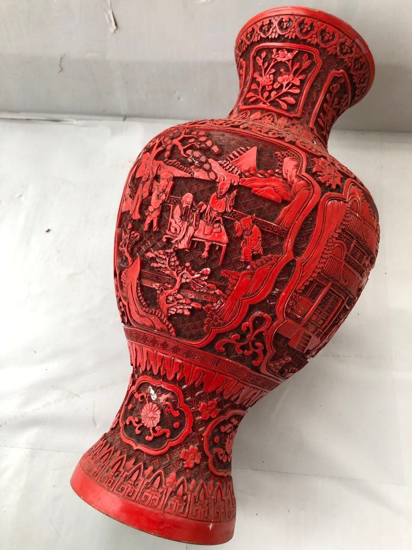 中国美術 人物彫文堆朱花瓶 高48cm 銅製 細密細工 花文 骨董(I95)