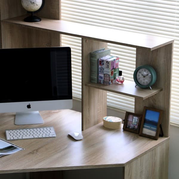 【新品・送料無料】パソコンデスク コーナー ハイタイプ 書棚付き オーク 北欧